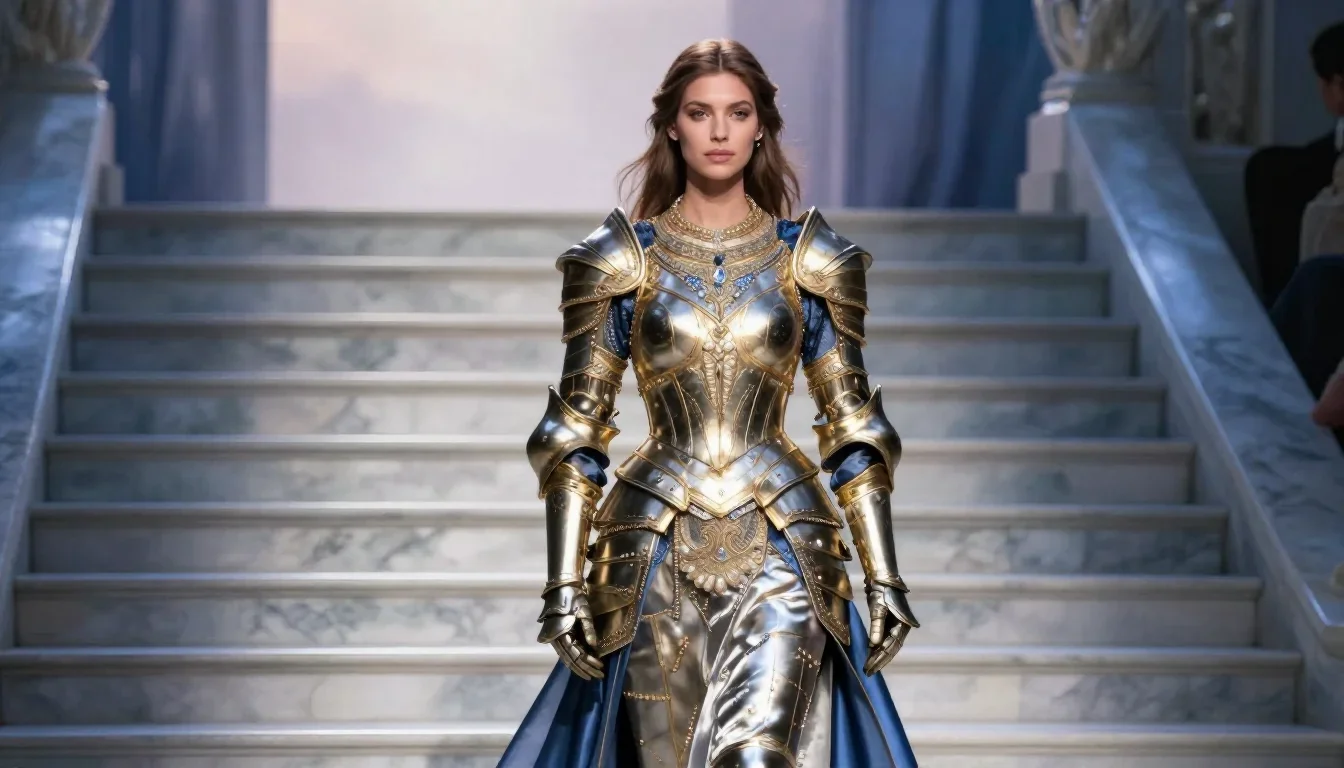 a warrior queen in ornate gilded armor standing tall with hands in pockets, on a marble staircase at dawn, high-fashion 
