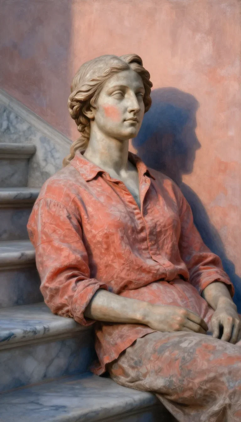 a sculptor at rest in a linen shirt, dust-hazed in a wind-swept lean against a wall, on a marble staircase at dawn, Rena