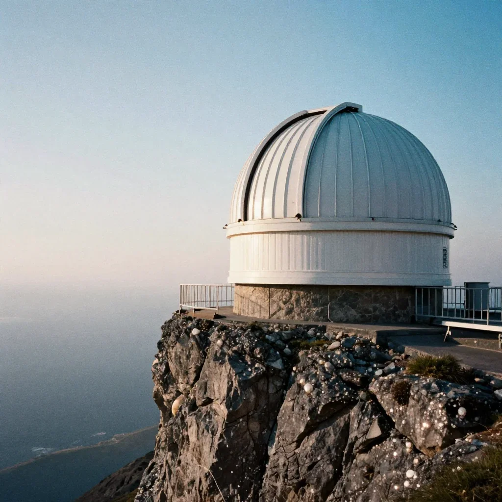 a cliffside observatory in quiet late-afternoon haze, soft-grain analog film photography, subtle film grain, indigo and
