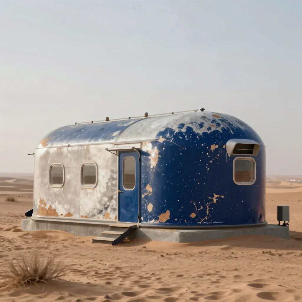 a desert research station in quiet late-afternoon haze, high-end design magazine photography, weathered tactile surfaces