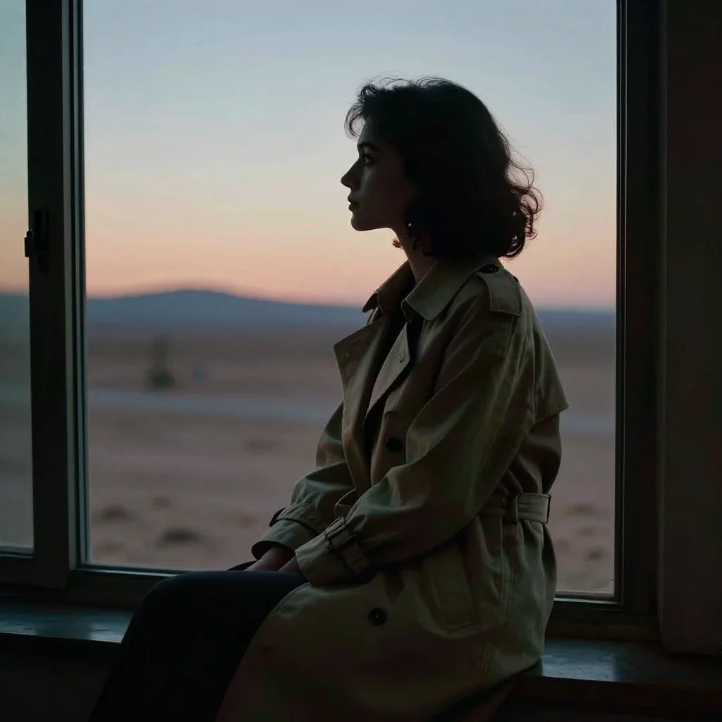 a noir detective's femme fatal muse in a trench coat in a seated silhouette against a window, in a silent desert at twil