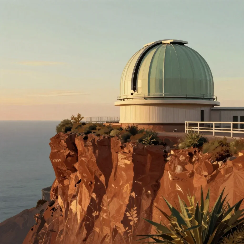 a cliffside observatory during golden hour, contemporary botanical illustration, restrained color harmony, rust and sage