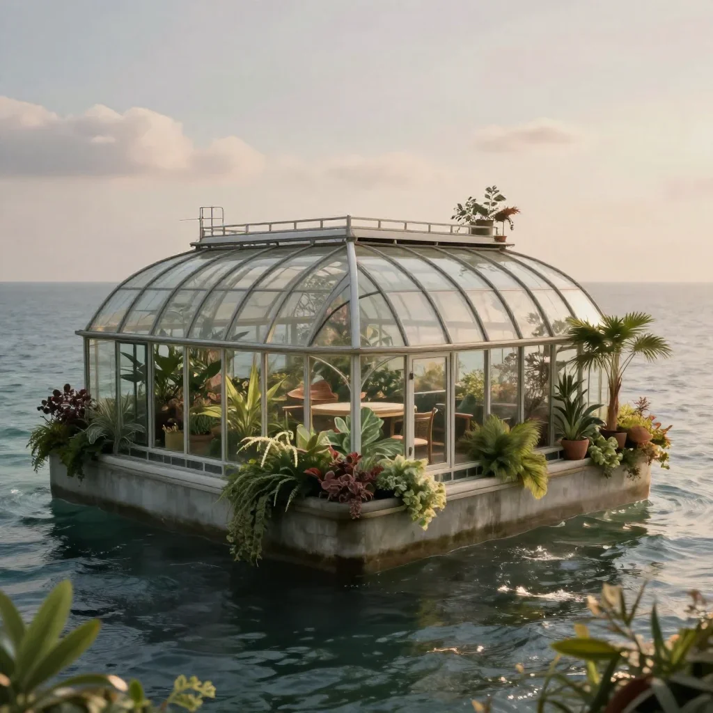 a floating botanical conservatory in a gentle sea breeze, dreamlike fine-art landscape photography, soft volumetric ligh