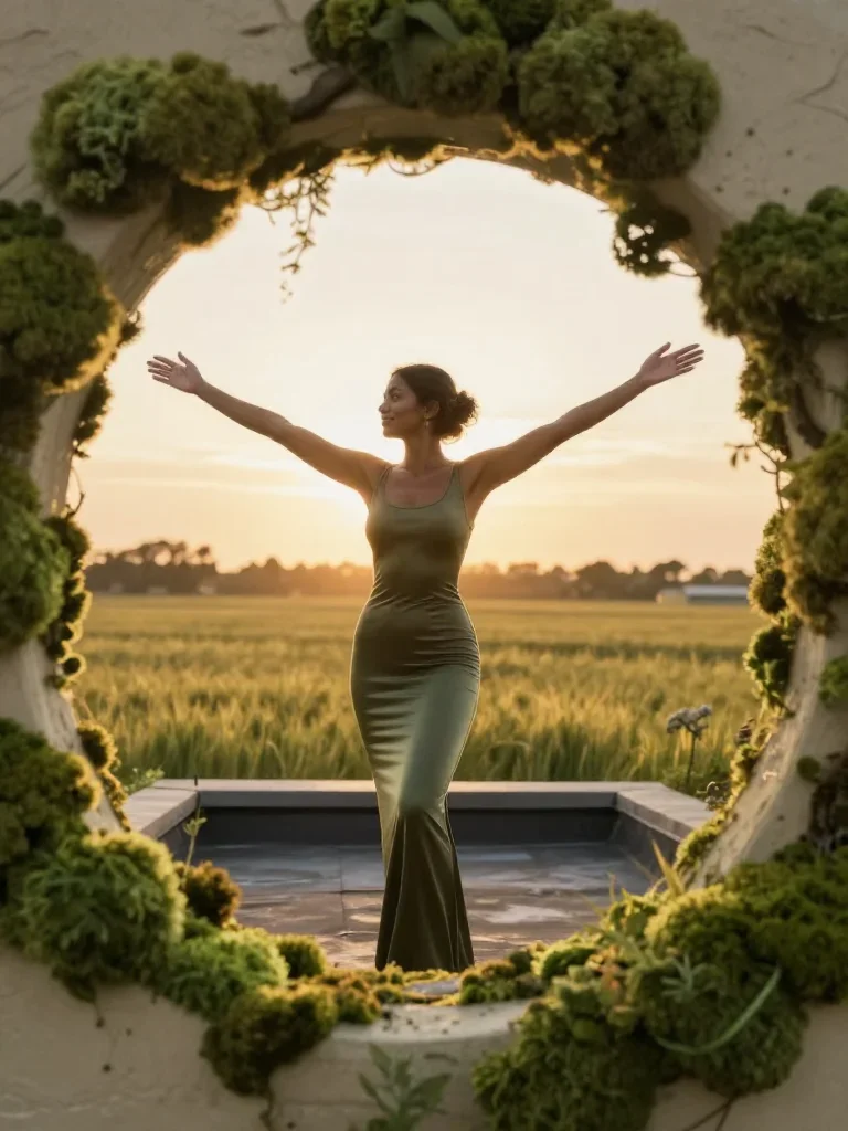 a muse on a rooftop at dusk in a body-con dress in a bold, open-armed welcome, in a backlit golden-hour field, dreamlike