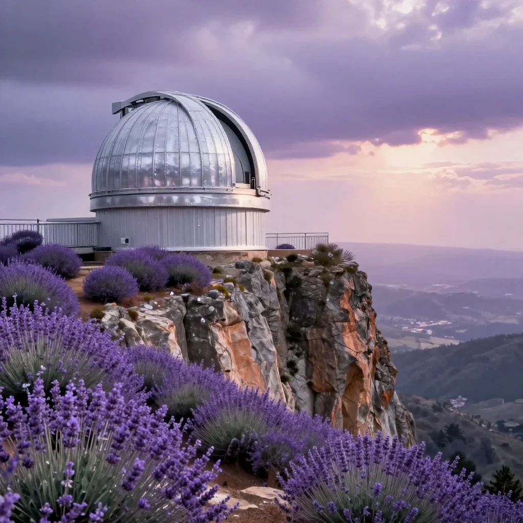a cliffside observatory after warm summer rain, dreamlike fine-art landscape photography, crisp material detail, lavende