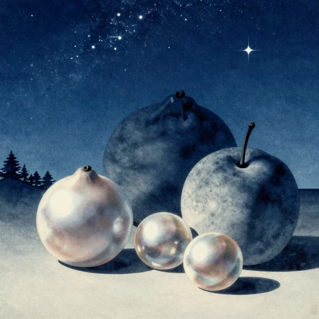 a summer stone-fruit still life beneath a star-filled sky, Japanese woodblock-inspired editorial art, soft volumetric li