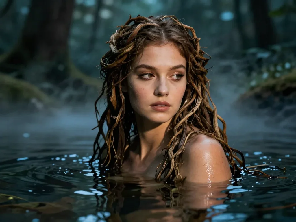 a dryad with vine-woven hair in a forest pool in a coy glance from under lowered lashes, in a smoke-lit photo studio, ne