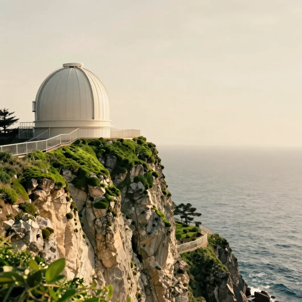 a cliffside observatory in a gentle sea breeze, refined editorial travel photography, calm negative space, moss green an