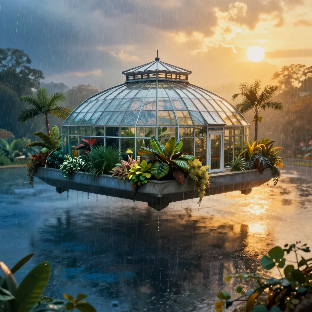 a floating botanical conservatory after warm summer rain, cinematic architectural photography, calm negative space, coba