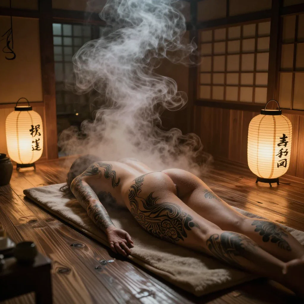 Dreamlike Japanese bathhouse steam, tattooed back, lanterns, wood grain, erotic stillness, Ukiyo-e mood