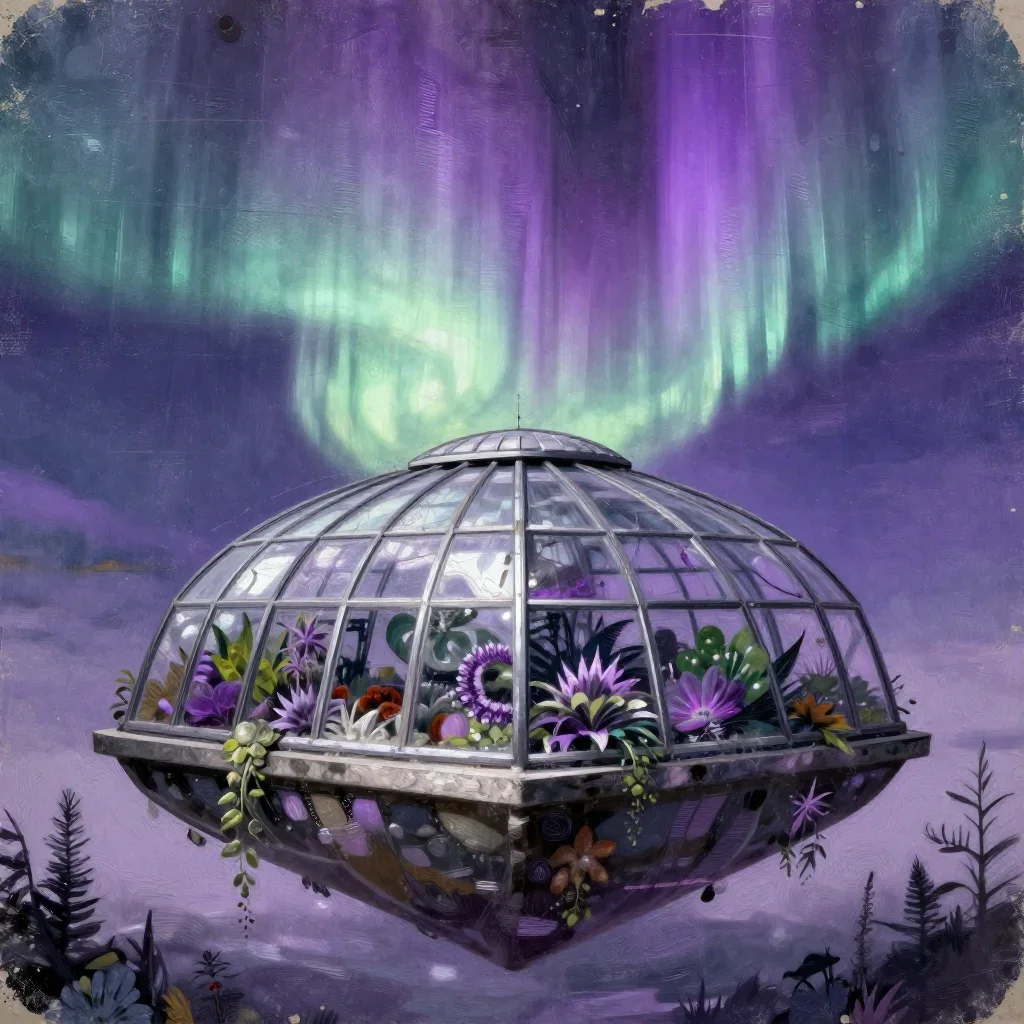 a floating botanical conservatory beneath an aurora, modernist poster illustration, weathered tactile surfaces, lavender