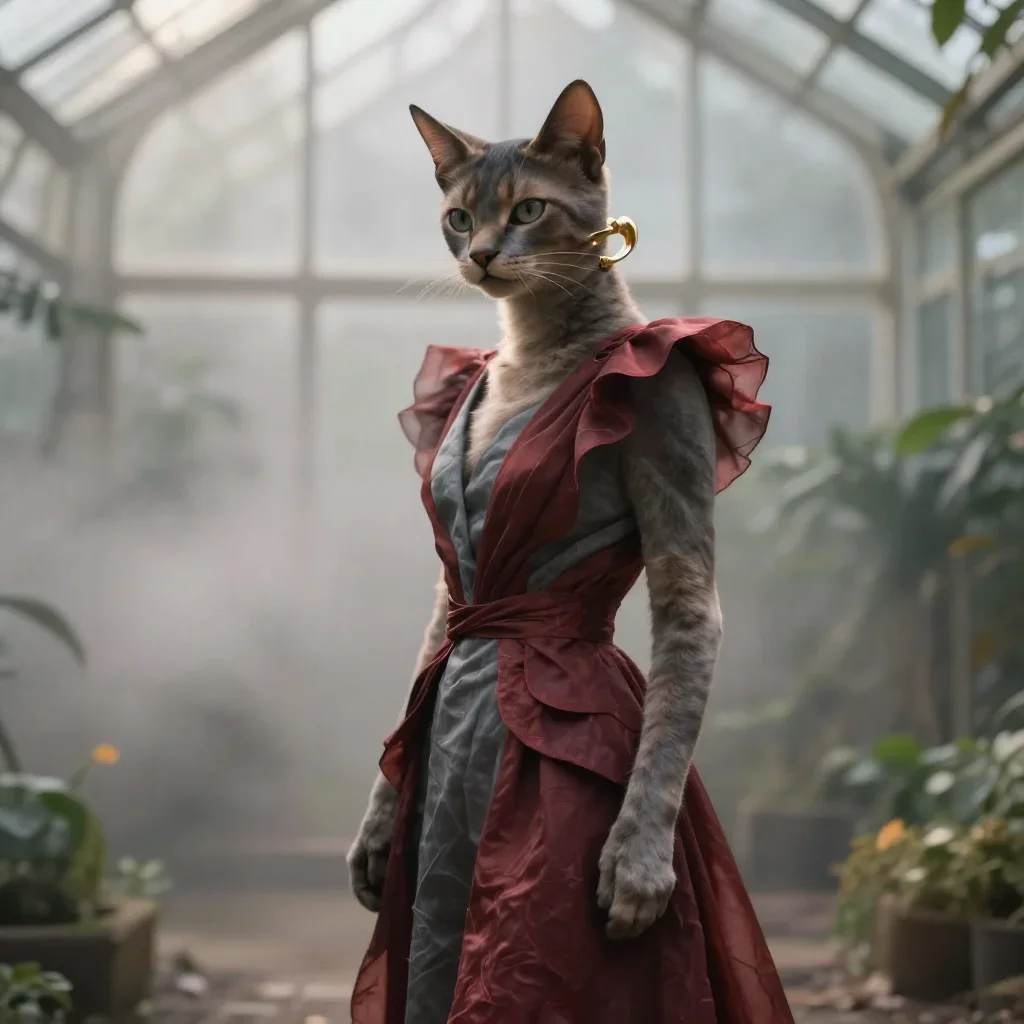 a feline-featured model with gold ear cuffs mid-turn with fabric catching the light, in a greenhouse humid with mist, fu