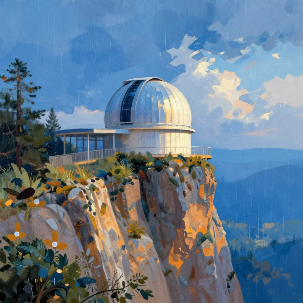 a cliffside observatory after warm summer rain, contemporary botanical illustration, soft volumetric light, cobalt and a