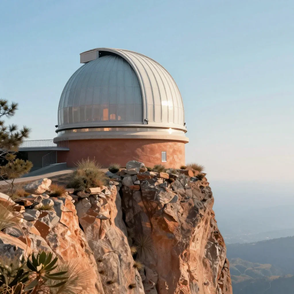 a cliffside observatory in crisp winter sunlight, contemporary botanical illustration, gentle reflected light, terracott