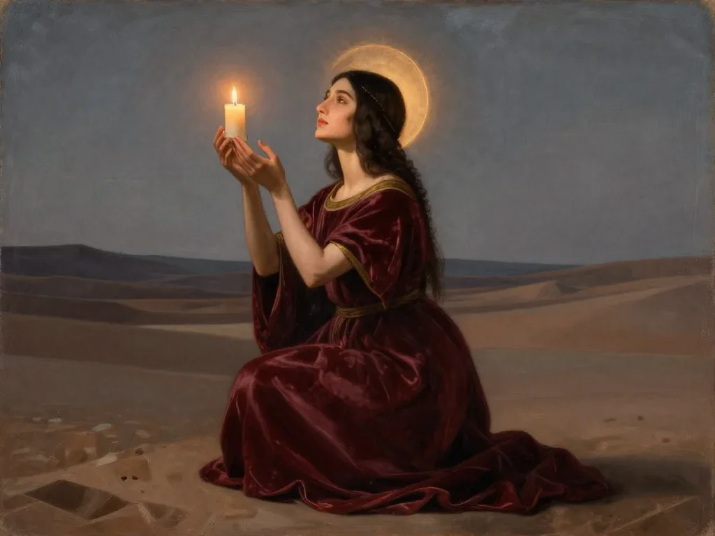 a celestial priestess with haloed candlelight in a low lunge with a lifted chin, in a silent desert at twilight, Renaiss