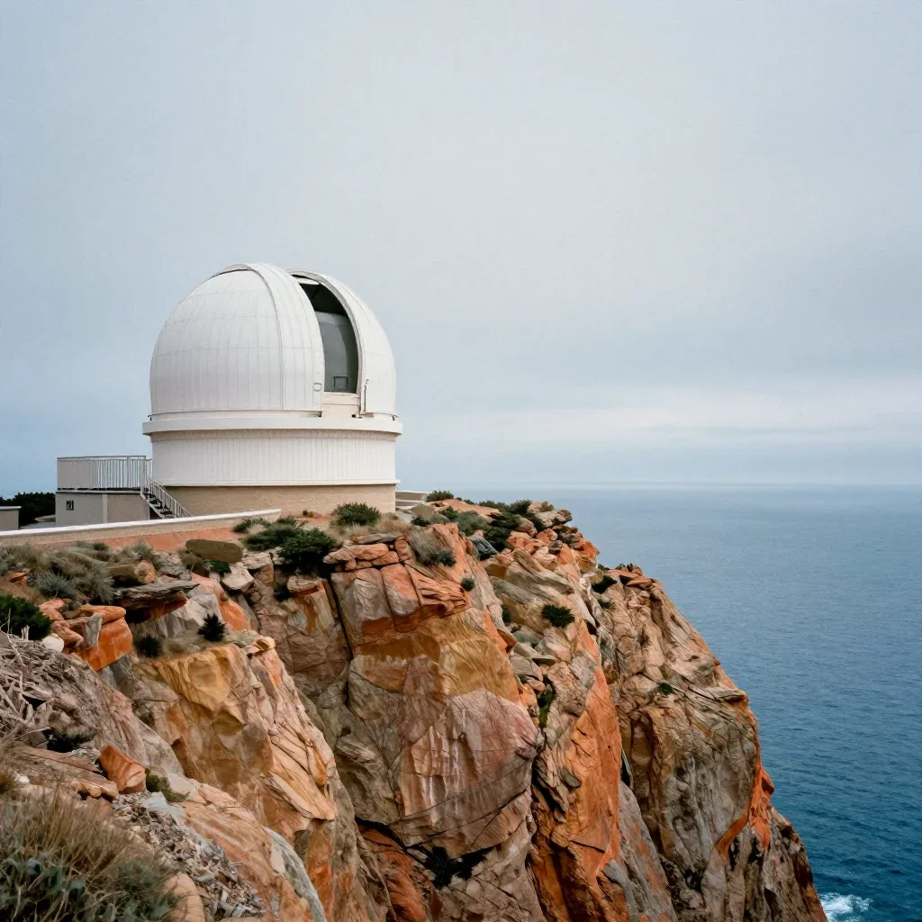 a cliffside observatory under overcast coastal light, dreamlike fine-art landscape photography, subtle film grain, ice b