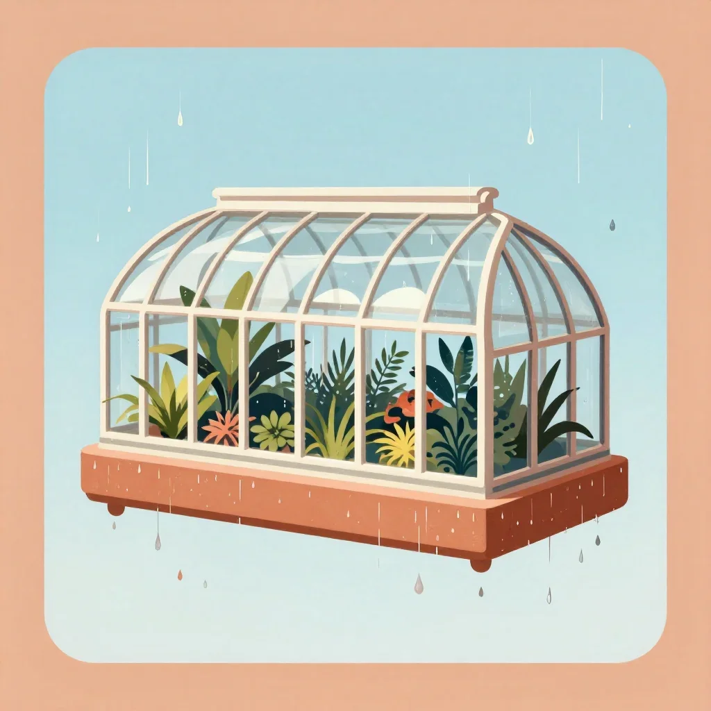 a floating botanical conservatory after warm summer rain, modernist poster illustration, restrained color harmony, terra