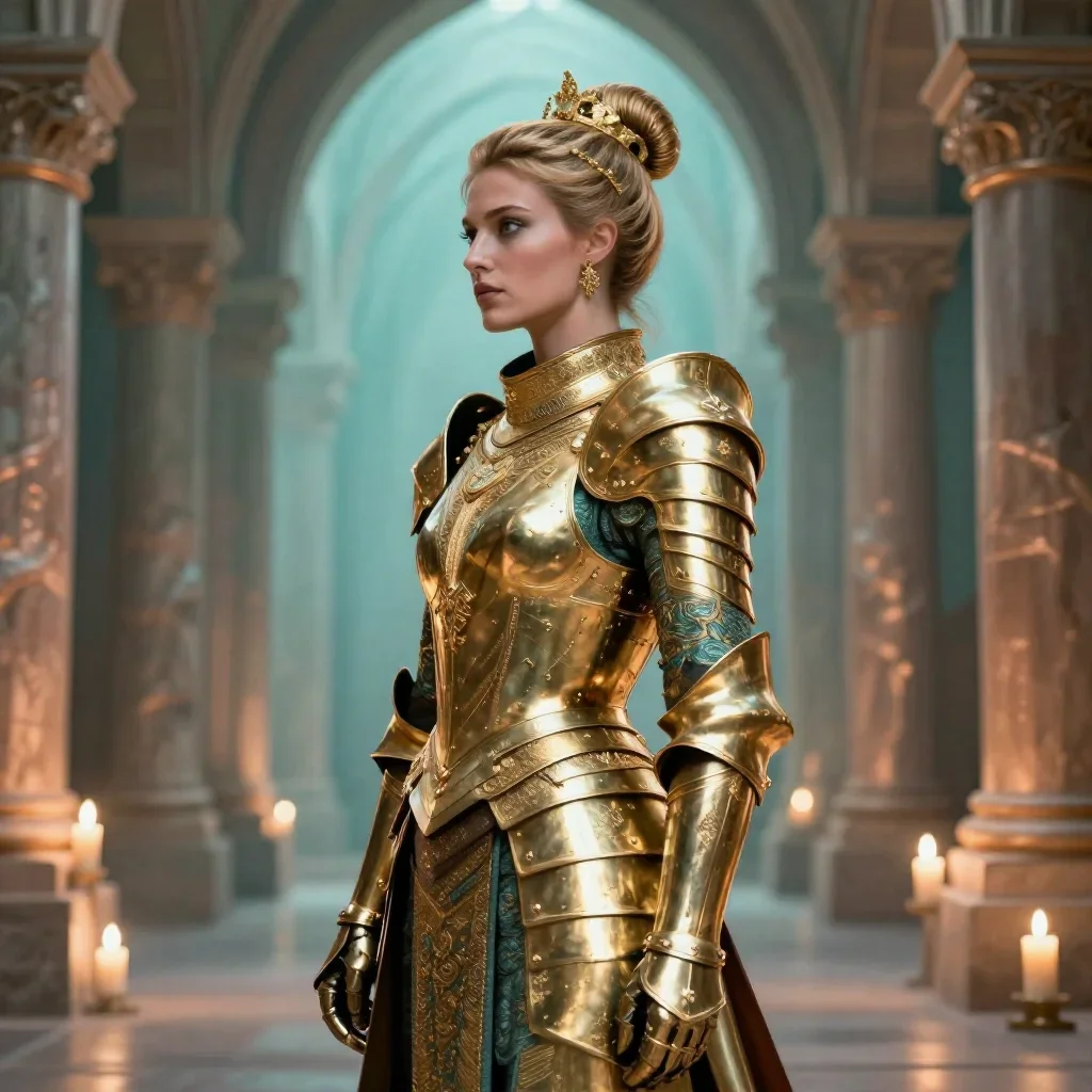 a warrior queen in ornate gilded armor in a dramatic three-quarter profile, in a candle-lit cathedral ruin, Vogue-style 