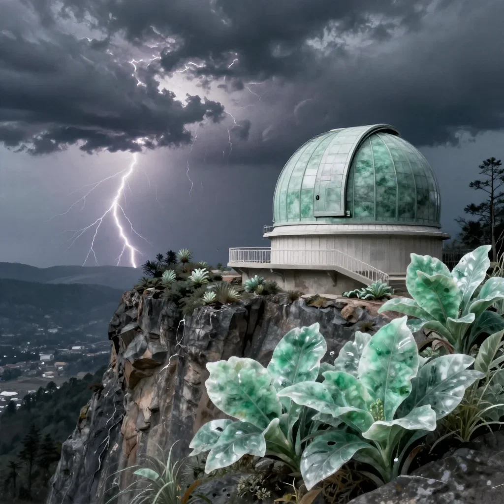 a cliffside observatory after a distant thunderstorm, contemporary botanical illustration, crisp material detail, jade a