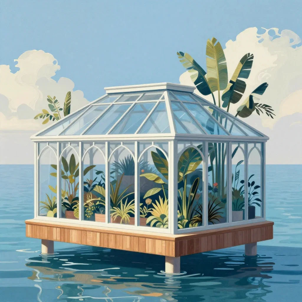 a floating botanical conservatory in a gentle sea breeze, contemporary botanical illustration, careful geometric composi