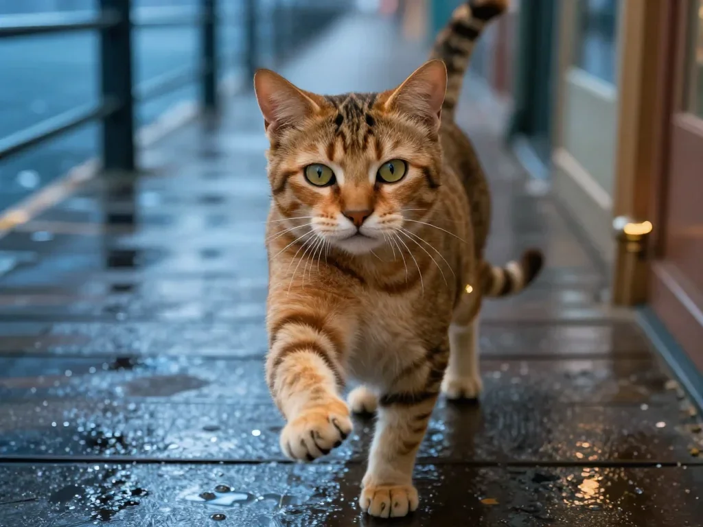 a feline-featured model with gold ear cuffs in a gentle reach toward the lens, on a storm-washed boardwalk, Wong Kar-wai