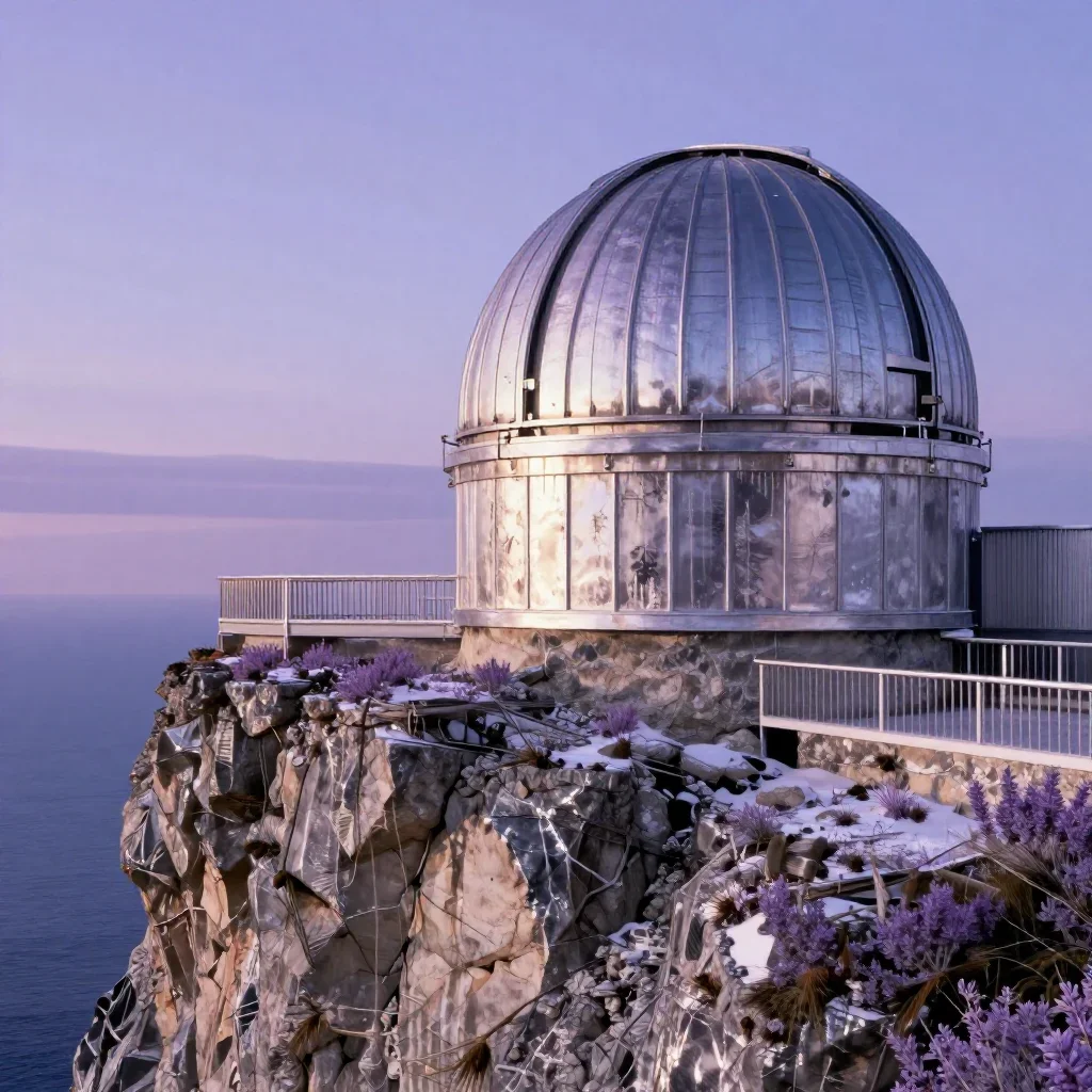 a cliffside observatory in crisp winter sunlight, refined editorial travel photography, weathered tactile surfaces, lave