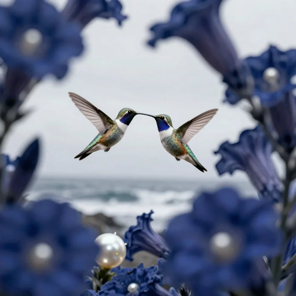 a hummingbird beside trumpet flowers under overcast coastal light, quiet science-fiction concept art, layered foreground
