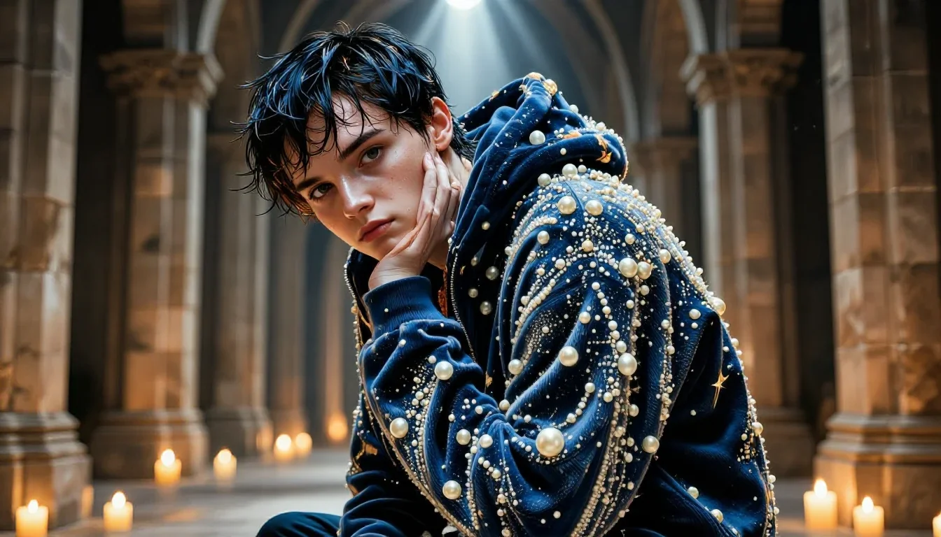 a streetwear influencer with wet-look hair in a low lunge with a lifted chin, in a candle-lit cathedral ruin, cinematic 