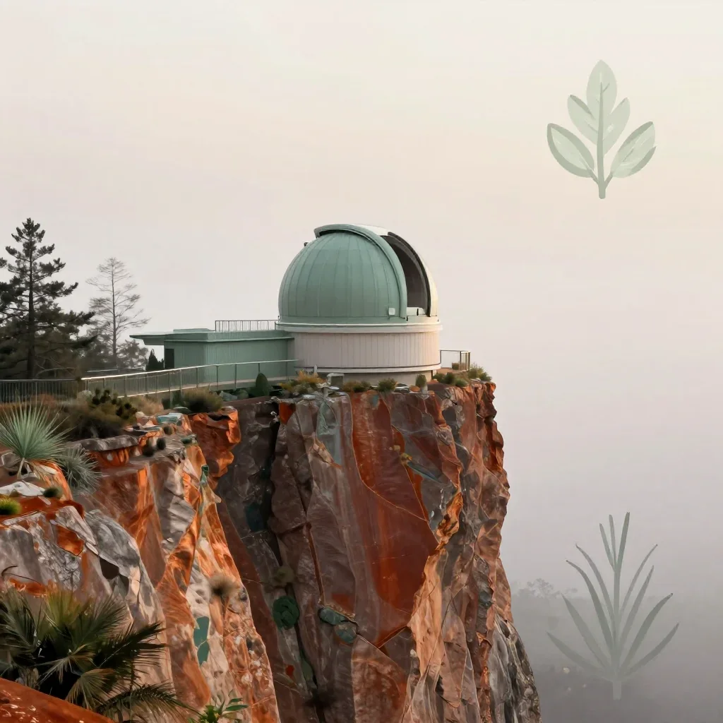 a cliffside observatory under soft dawn fog, contemporary botanical illustration, clean natural textures, rust and sage 