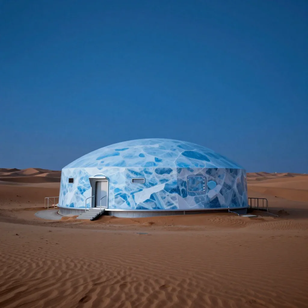 a desert research station at blue hour, quiet science-fiction concept art, clean natural textures, ice blue and warm ced