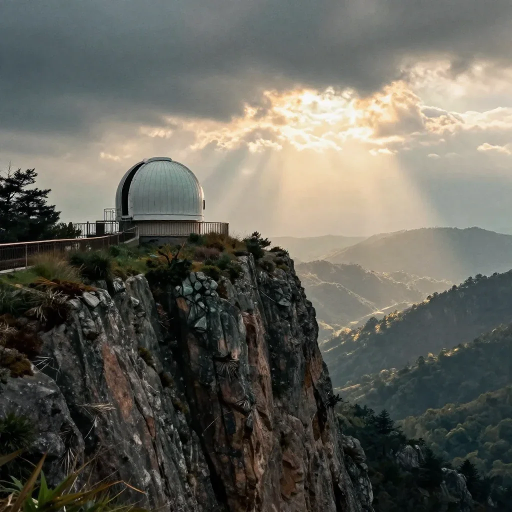 a cliffside observatory after warm summer rain, dreamlike fine-art landscape photography, subtle film grain, jade and ch