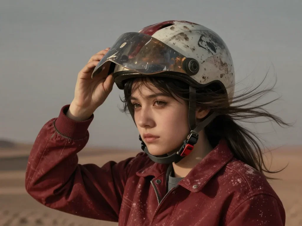 a rider removing a helmet, flushed and windblown in a coy glance from under lowered lashes, in a silent desert at twilig