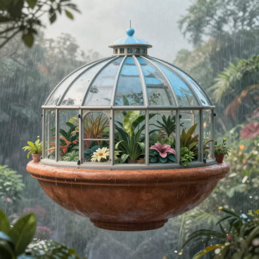 a floating botanical conservatory after warm summer rain, quiet science-fiction concept art, crisp material detail, terr