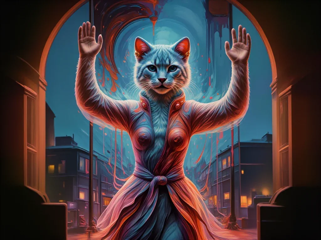 a feline-featured model with gold ear cuffs in a bold, open-armed welcome, in a blue-hour city apartment, futuristic spe