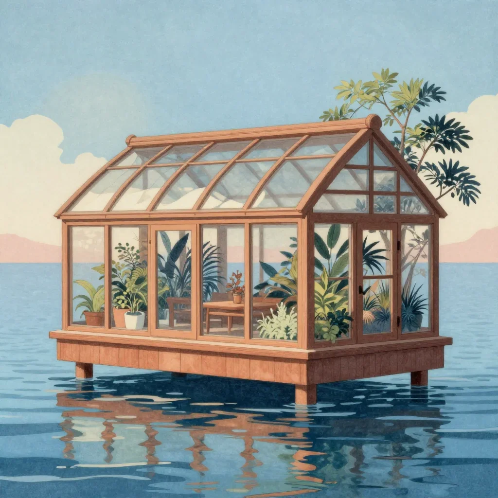 a floating botanical conservatory in a gentle sea breeze, Japanese woodblock-inspired editorial art, gentle reflected li