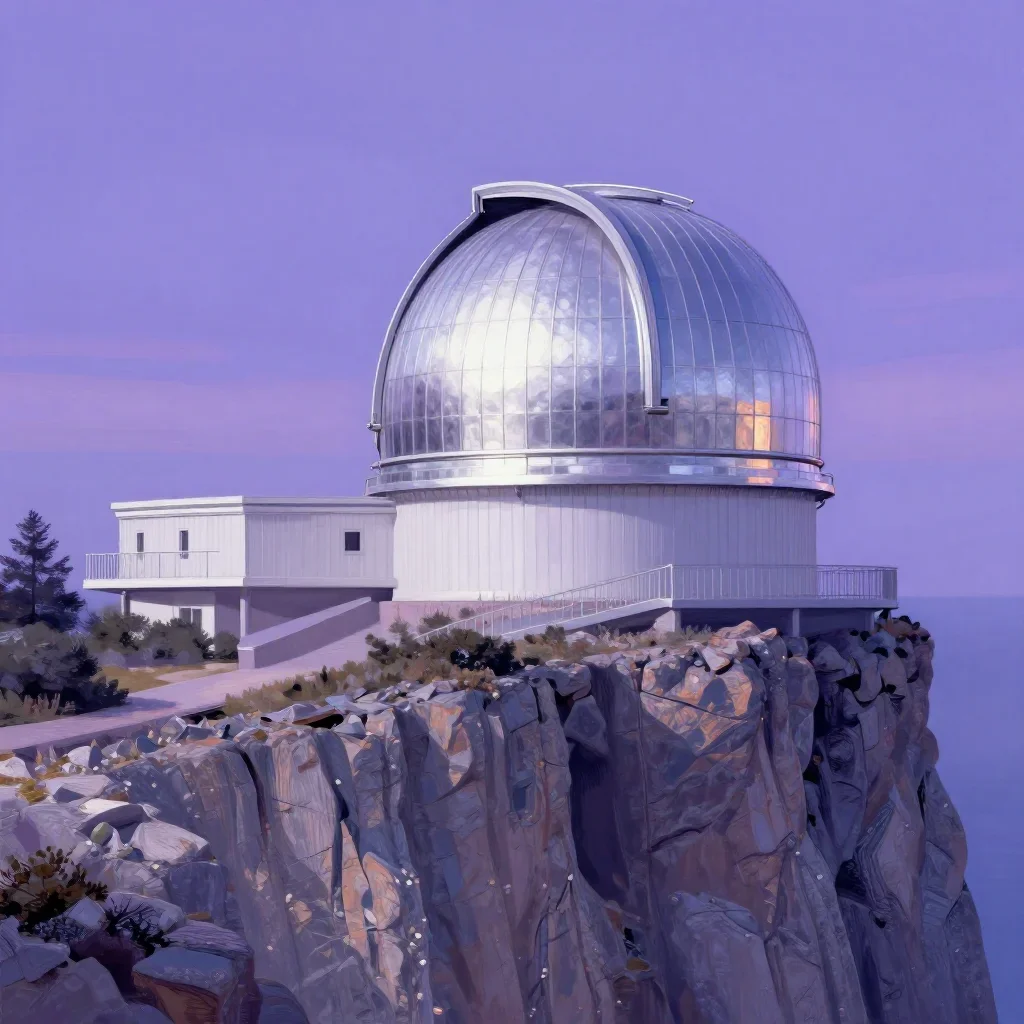 a cliffside observatory at blue hour, modernist poster illustration, clean natural textures, lavender and silver palette, no people, no text, no logo, no watermark