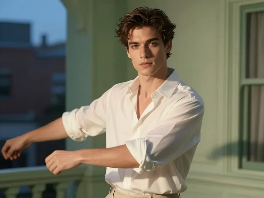a handsome man in a rolled-sleeve white shirt mid-turn with fabric catching the light, in a blue-hour city apartment, hi