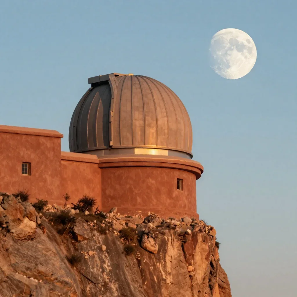 a cliffside observatory at moonrise, cinematic architectural photography, careful geometric composition, terracotta and 