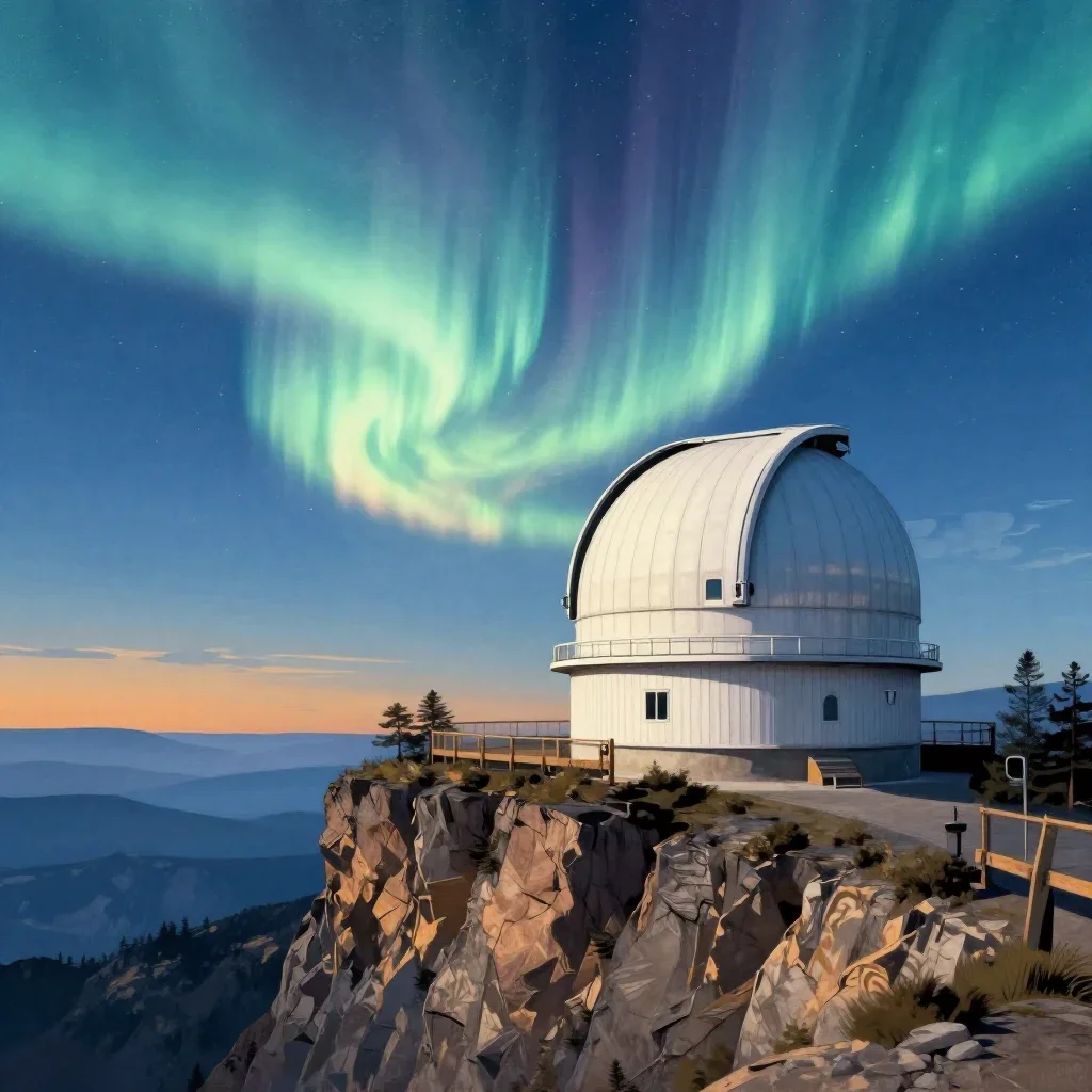 a cliffside observatory beneath an aurora, Japanese woodblock-inspired editorial art, clean natural textures, cobalt and