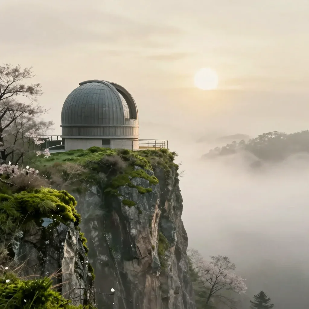 a cliffside observatory in early spring mist, Japanese woodblock-inspired editorial art, gentle reflected light, moss gr