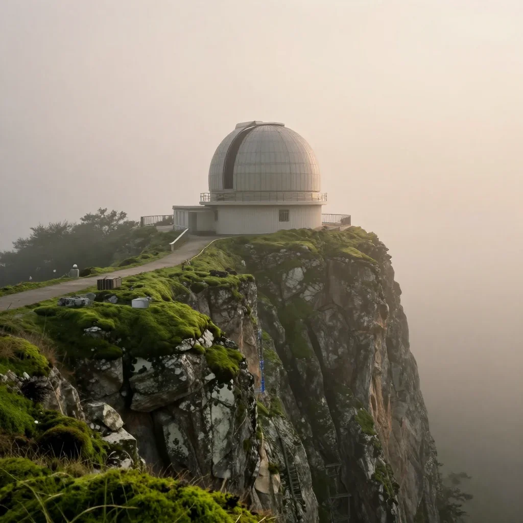 a cliffside observatory under soft dawn fog, refined editorial travel photography, atmospheric depth, moss green and cre