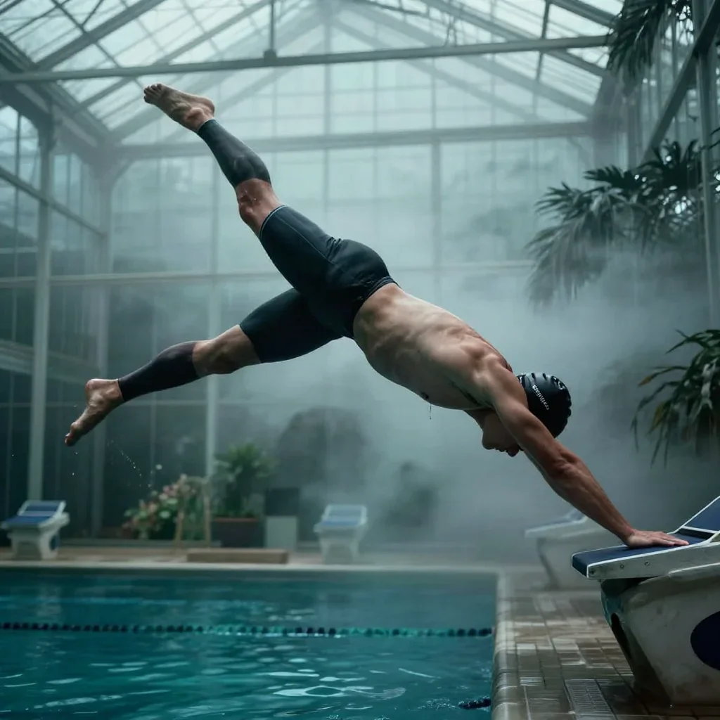 a swimmer before the plunge in a racing suit in a confident cinematic stride, in a greenhouse humid with mist, bold Helm