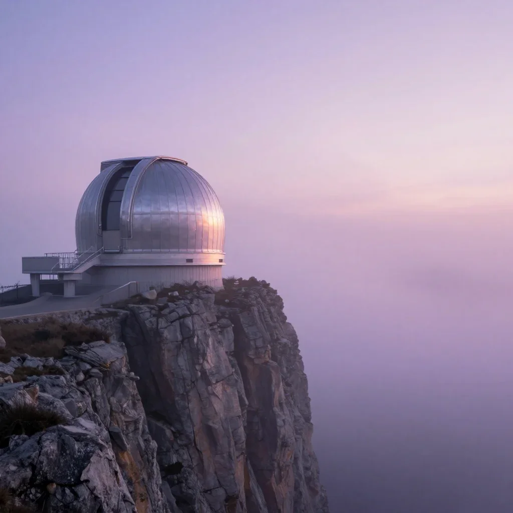 a cliffside observatory under soft dawn fog, dreamlike fine-art landscape photography, gentle reflected light, lavender