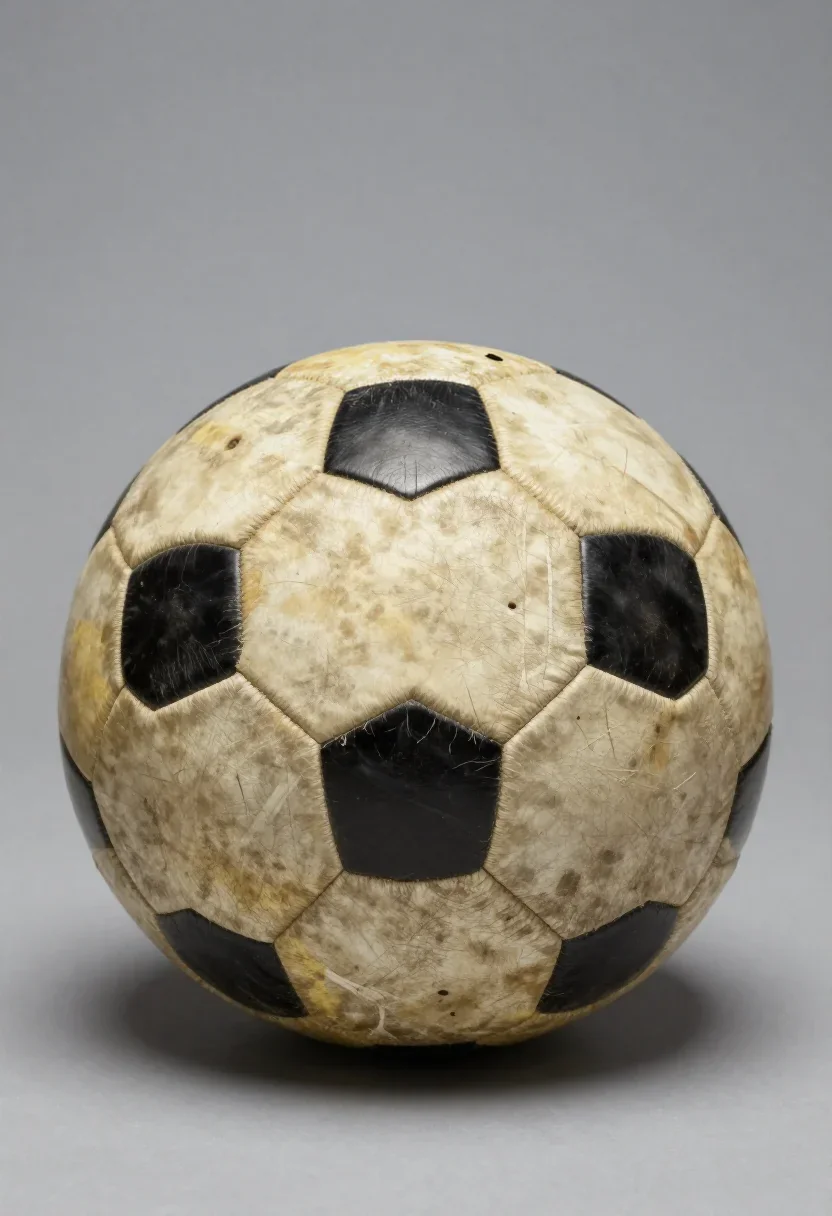 old, worn black-and-white panel football (regulation size 5), centered on a plain neutral gray studio backdrop, no peopl