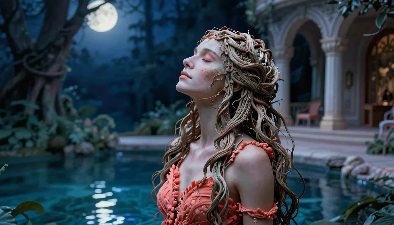 a dryad with vine-woven hair in a forest pool in a deep breath with eyes closed, in a moonlit palace courtyard, soft-gra