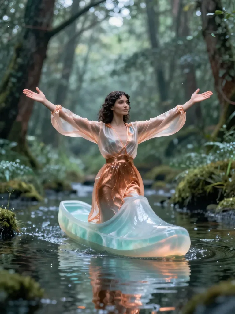 a siren at the waterline in a translucent slip in a bold, open-armed welcome, in a dewy forest clearing, high-fashion ru