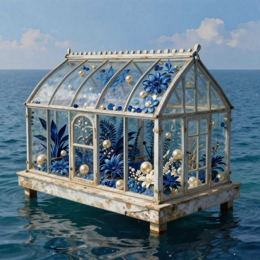 a floating botanical conservatory in a gentle sea breeze, museum-quality still-life photography, weathered tactile surfa