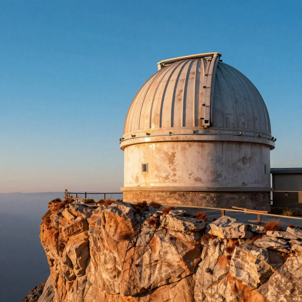a cliffside observatory in crisp winter sunlight, refined editorial travel photography, weathered tactile surfaces, ochr
