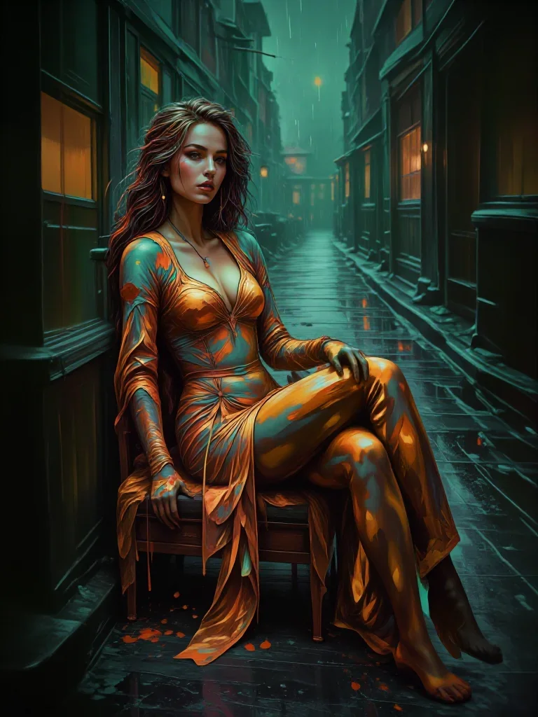 a warrior queen in ornate gilded armor reclining elegantly on a chaise, in a rain-slick neon alley, neo-noir cinematic p
