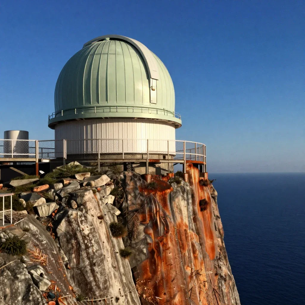 a cliffside observatory at blue hour, Japanese woodblock-inspired editorial art, clean natural textures, rust and sage p